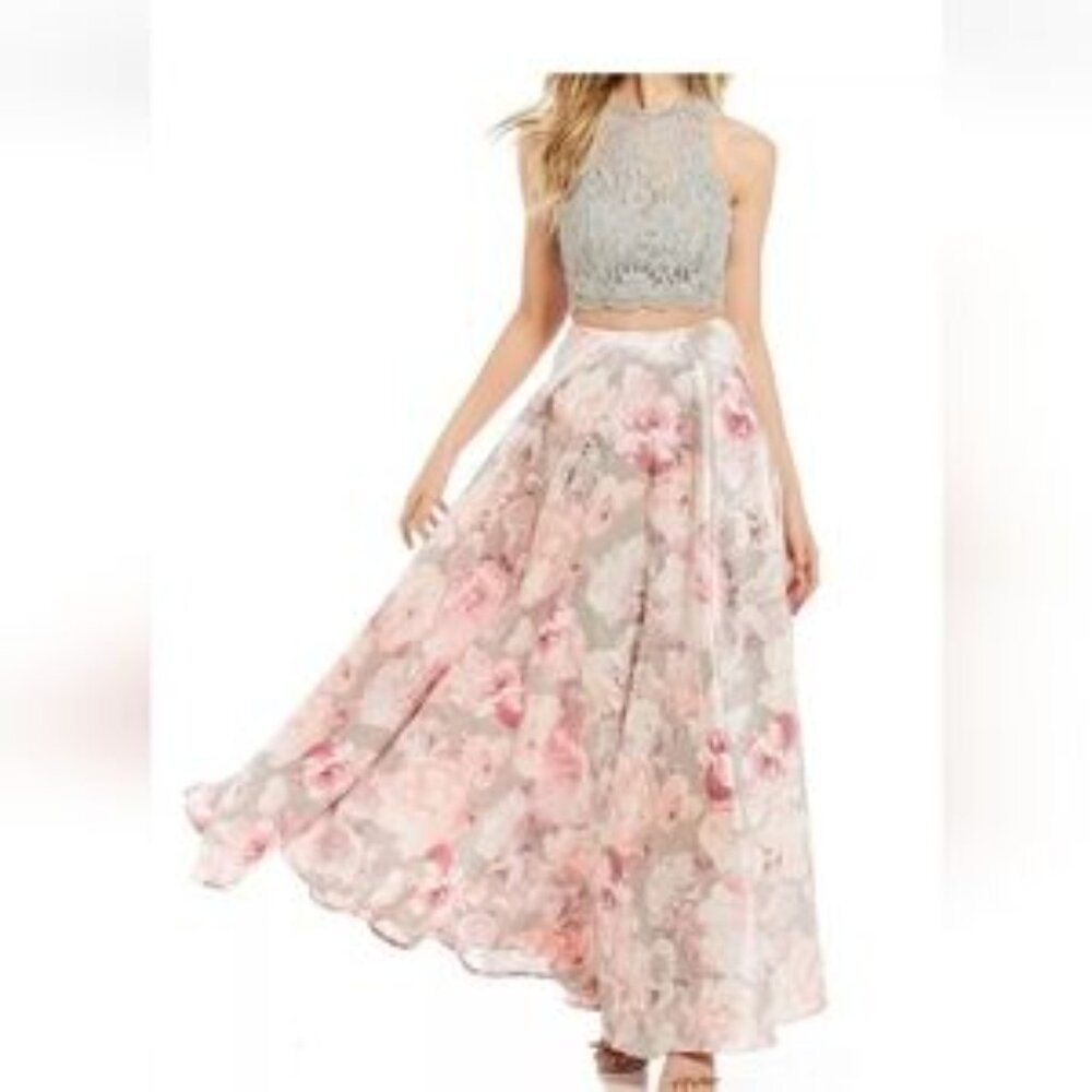 JODI KRISTOPHER 2-PIECE BALL GOWN DRESS SET FLORAL SILVER-GRAY ROSE PINK SIZE 7